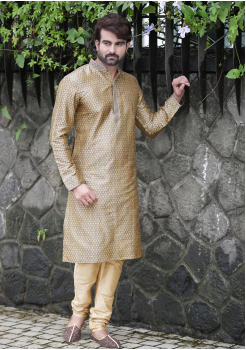 Cream with Gold Color Silk Kurta Set